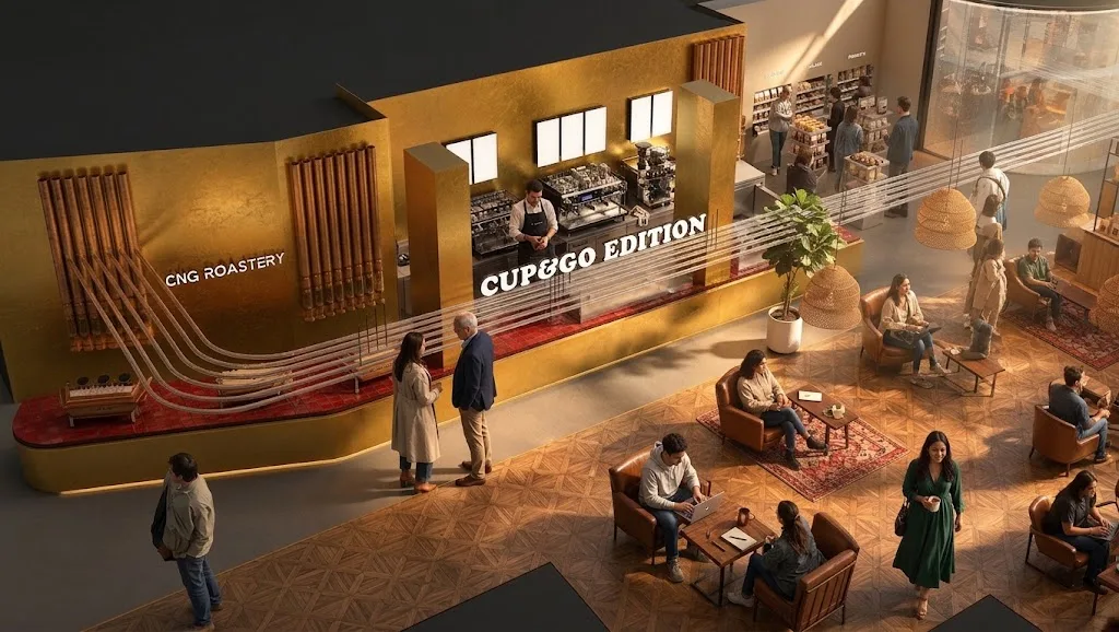 Cup & Go Edition at Doha Port, a gold roastery bar with copper bean pipes