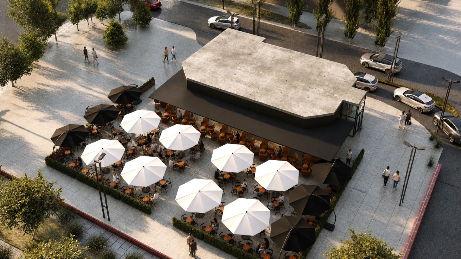 Cup & Go at North Gate Mall, a terrace café with white umbrellas
