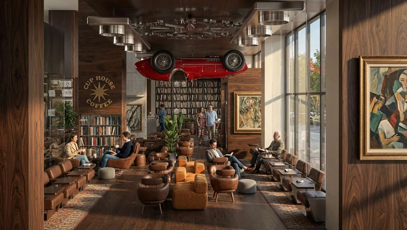 Cup House Coffee at Ooredoo, a library café with leather sofas and bookshelves